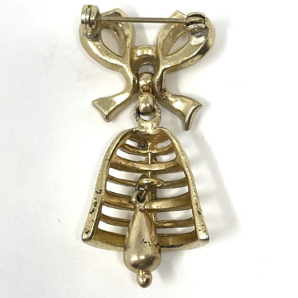 Vintage Gold Tone Bow with Moving Bell and Clapper Christmas Articulated Brooch - Picture 4 of 6